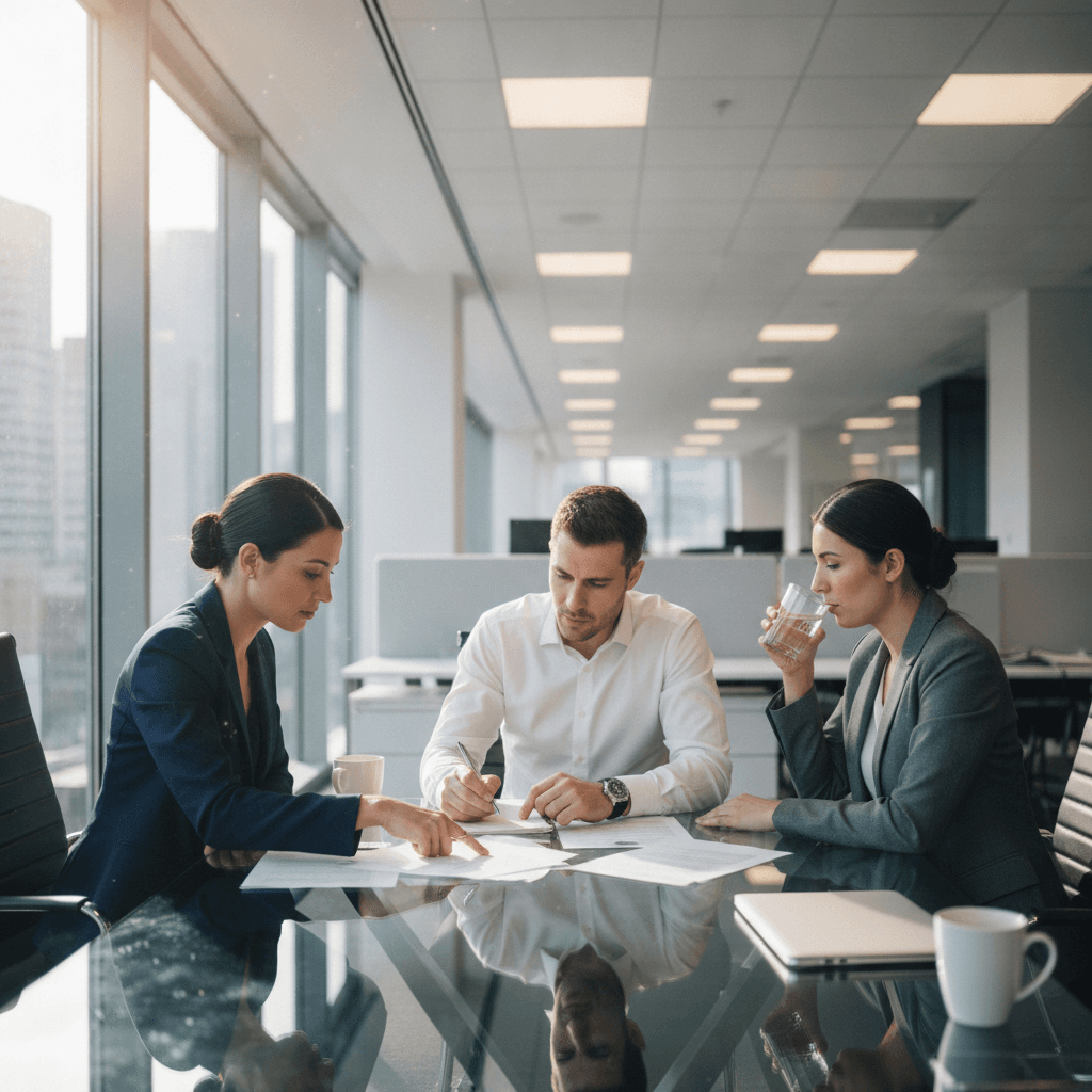 Corporate general counsel and finance leaders reviewing a contract together at a glass conference table in a sunlit office, daylight mixing with overhead lighting