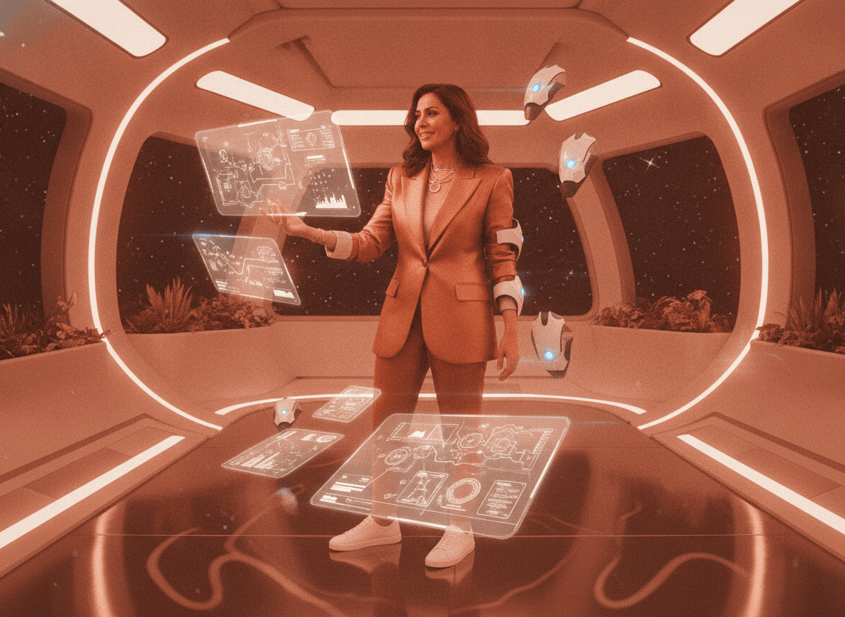 A Chief Transformation Officer fanning out holographic transformation roadmaps