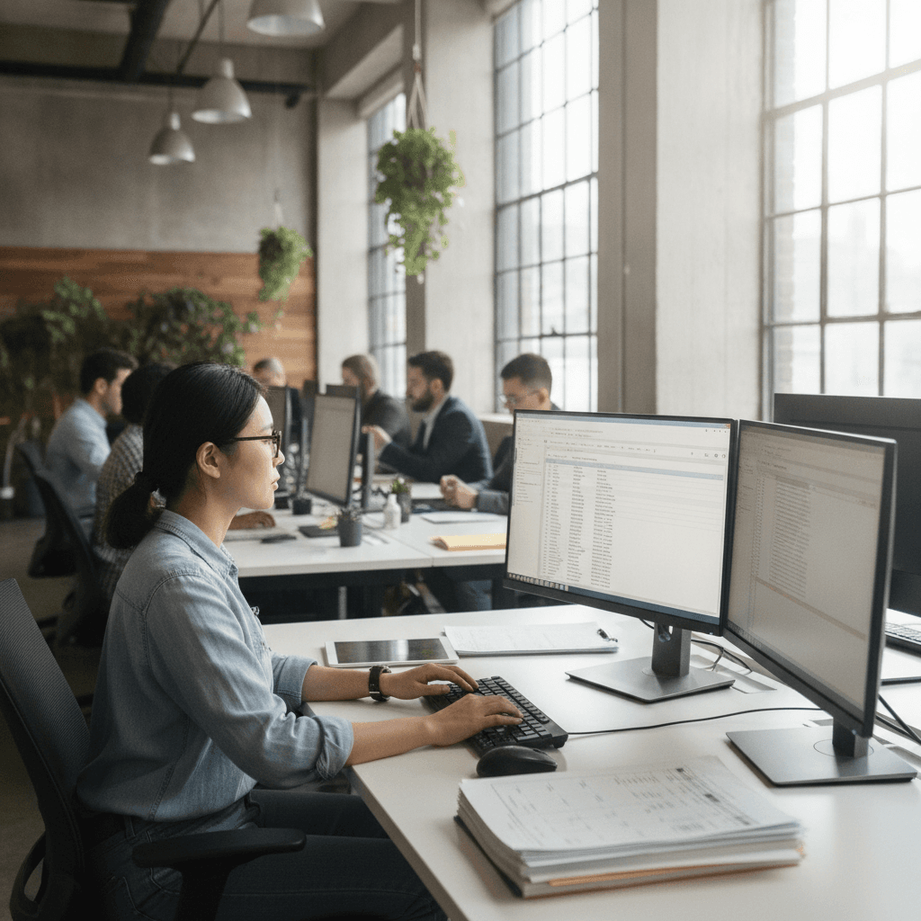 A logistics coordinator at a desk in a daylit regional office, re-keying customer orders between two screens while colleagues work nearby under tall windows.