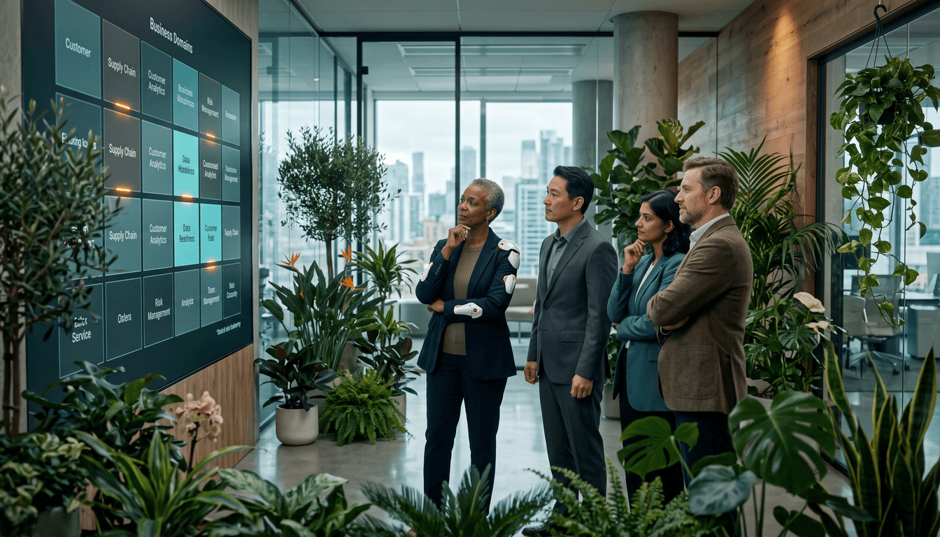 Four senior leaders in a plant-filled corporate office reviewing a wall display of business domains shaded by data readiness.