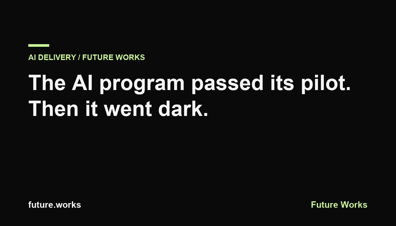 A dark enterprise control room with a single dashboard glowing green, symbolizing an AI program that passed its pilot and then went dark in production.