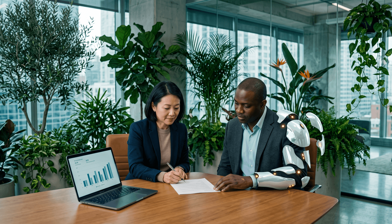 A finance leader and a delivery lead co-signing a one-page value baseline document at a boardroom table in a plant-filled office, a metric chart on a nearby laptop.