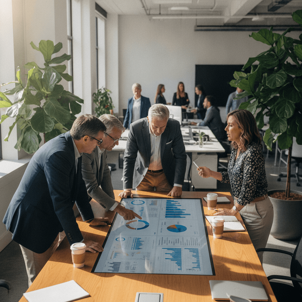 A small pod of senior consultants reviewing a supply-chain dashboard with a client's finance lead at a table in a sunlit, plant-filled office.