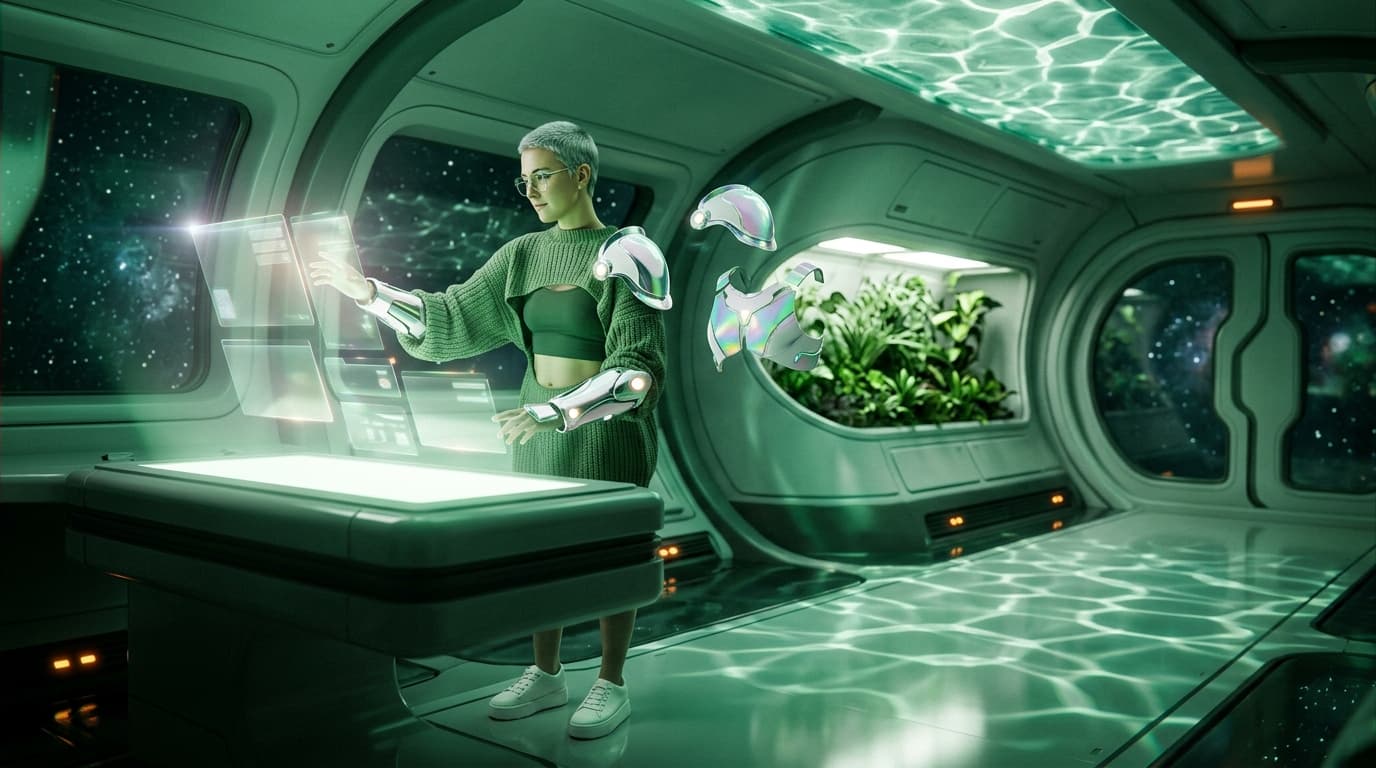 A product lead arranging holographic product surfaces on a spaceship workbench