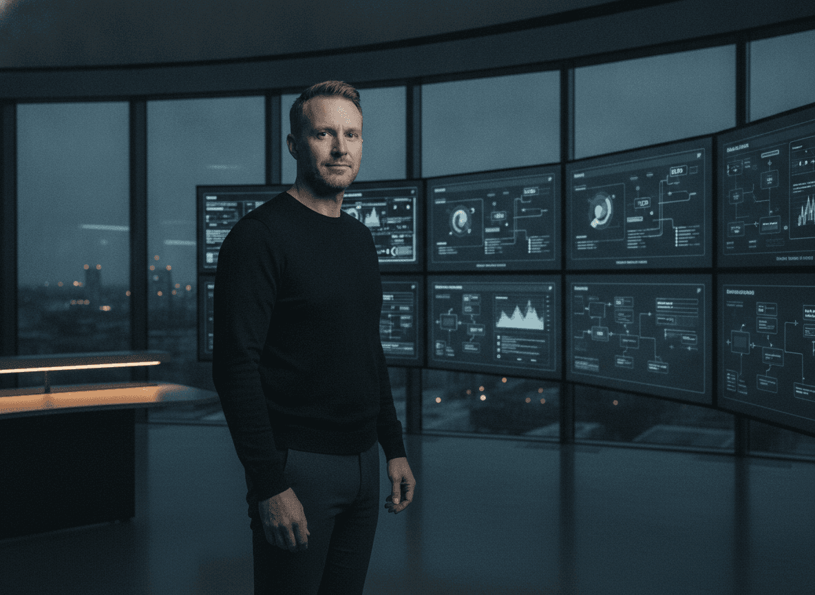 A Chief AI Officer in front of live AI operations dashboards