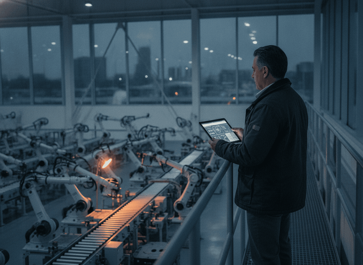 A COO overlooking an automated production floor with live dashboards