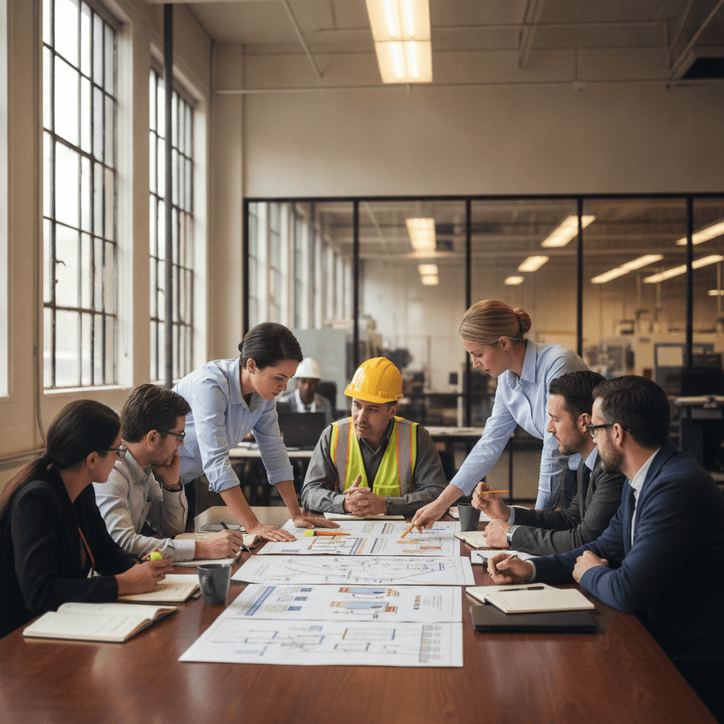 Operations team gathered around a conference table reviewing printed process maps in a manufacturing company office, daylight from tall windows mixing with overhead lighting.
