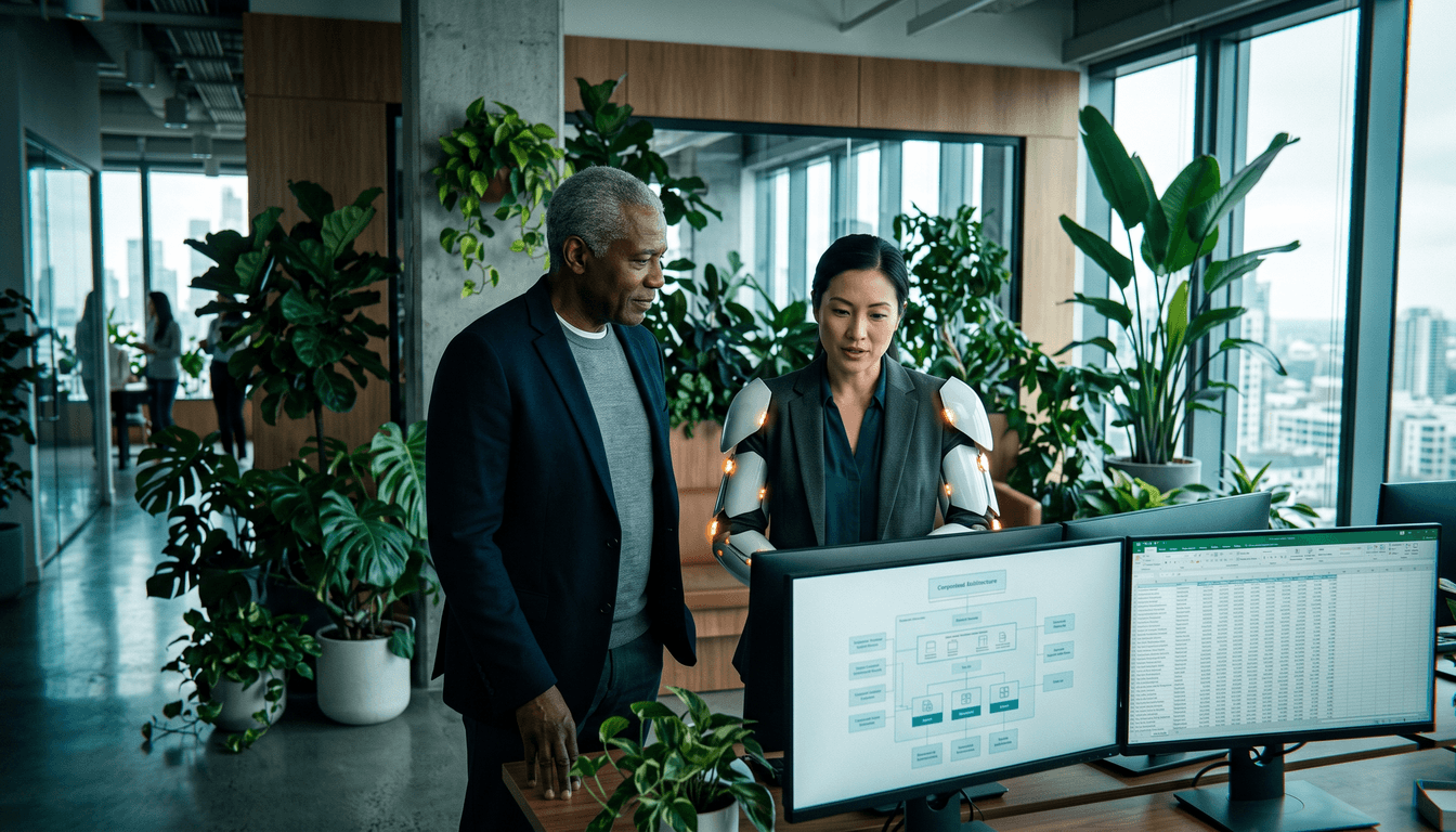 Two senior executives in a plant-filled corporate office studying two screens side by side, a clean architecture diagram beside a dense operational spreadsheet.