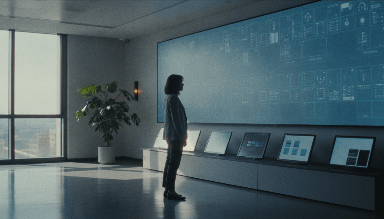 Editorial photograph of a single senior operator standing in a calm operations room, overseeing a wall-sized dashboard and a row of screens that each run a different automated task. One human directing many agents.