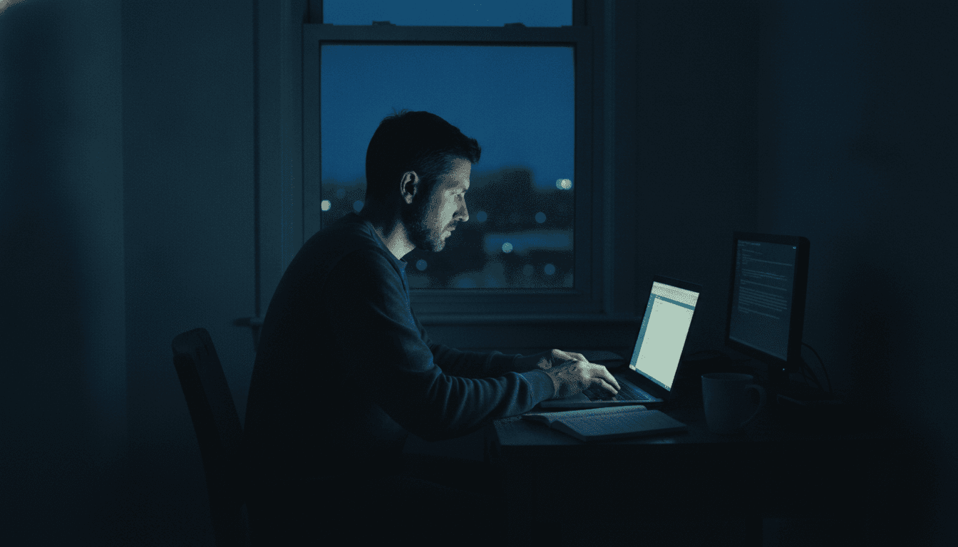 Editorial photograph of a founder working alone at a laptop in a dark apartment before dawn, the screen lighting his face while the city stays dark in the window behind him.