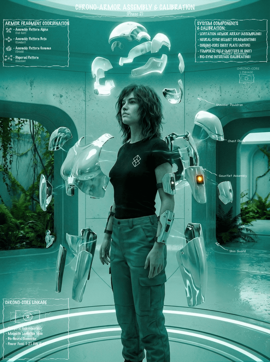 A Time Bender mid-calibration, chrome armor pieces assembling magnetically around her in a spaceship calibration room