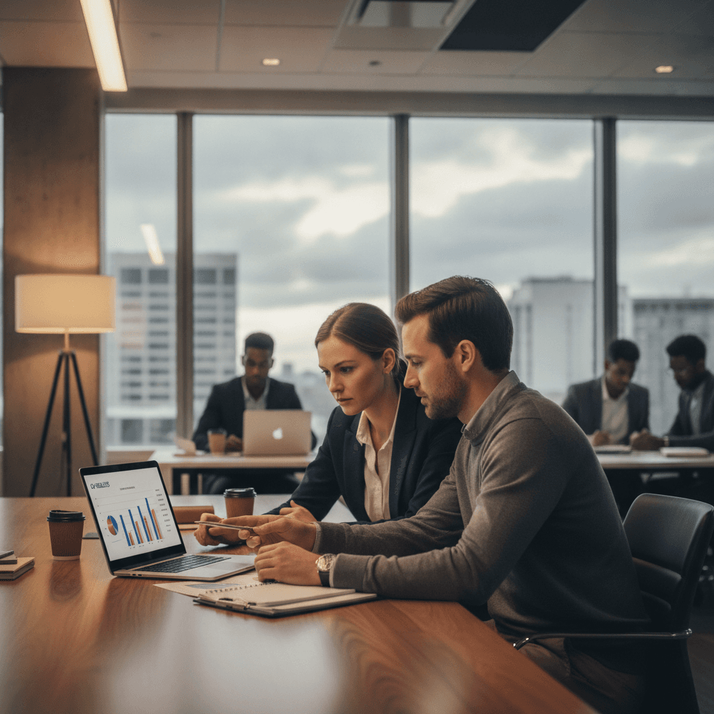 A finance leader and a delivery lead reviewing quarterly results on a laptop at a conference table beside tall office windows, daylight mixing with warm interior light.