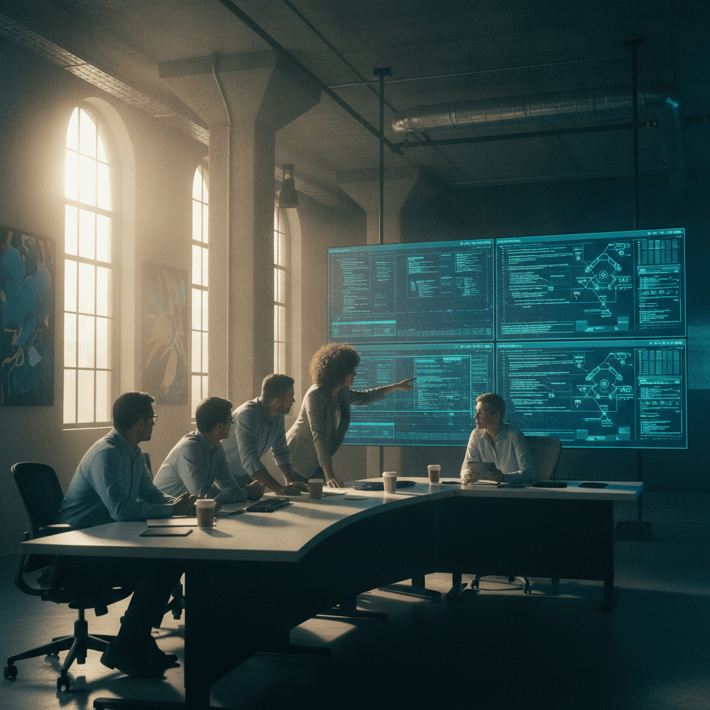A cross-functional enterprise team reviewing deployment dashboards together in a sunlit operations room, daylight mixing with screen glow